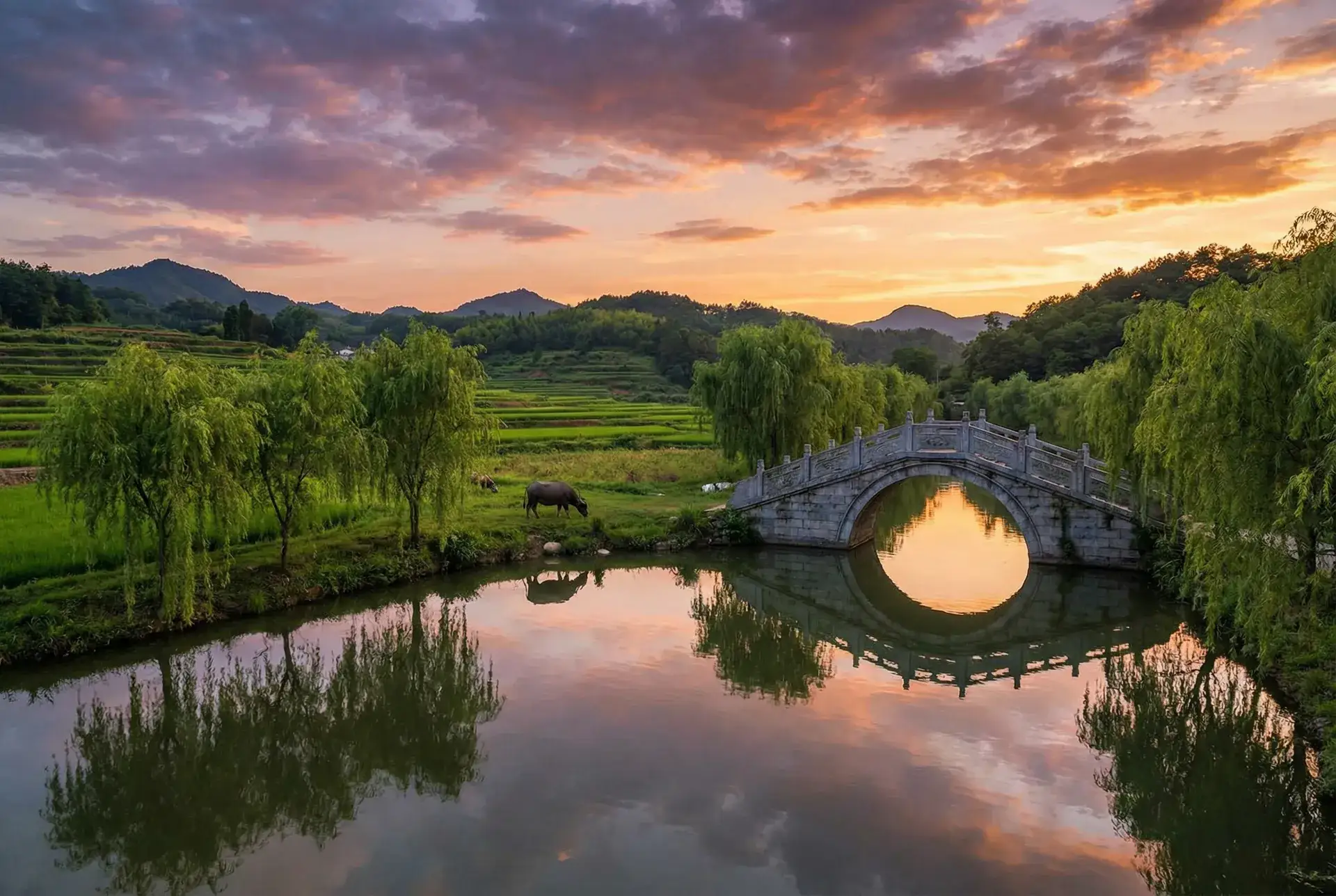 夕阳下的石拱桥与垂柳，水牛在河边吃草 - 泷泽萝拉第一部名字 乡村美景